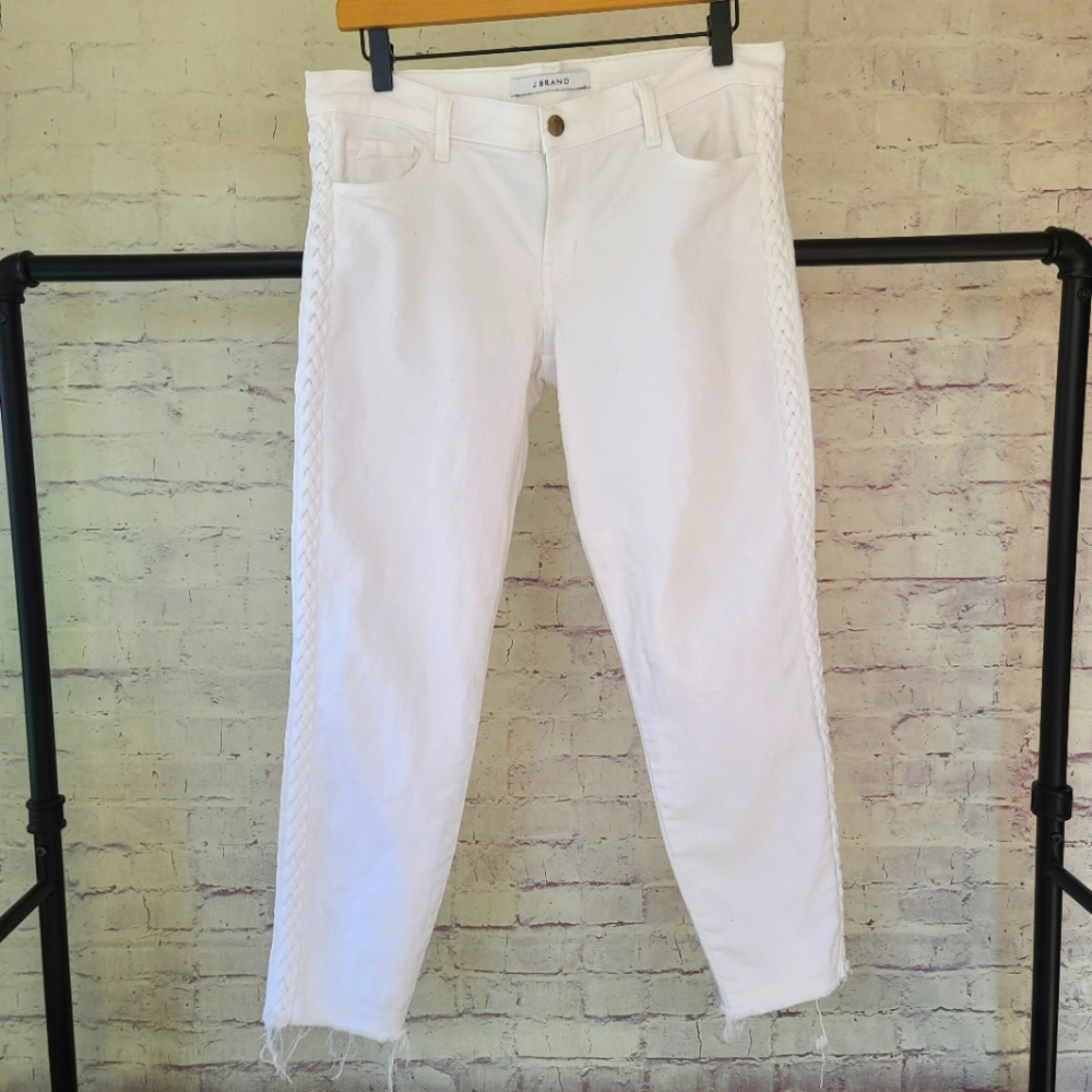 J Brand Braided Blanc Low Rise Crop Skinny White Raw Hem Stretch Jeans 30